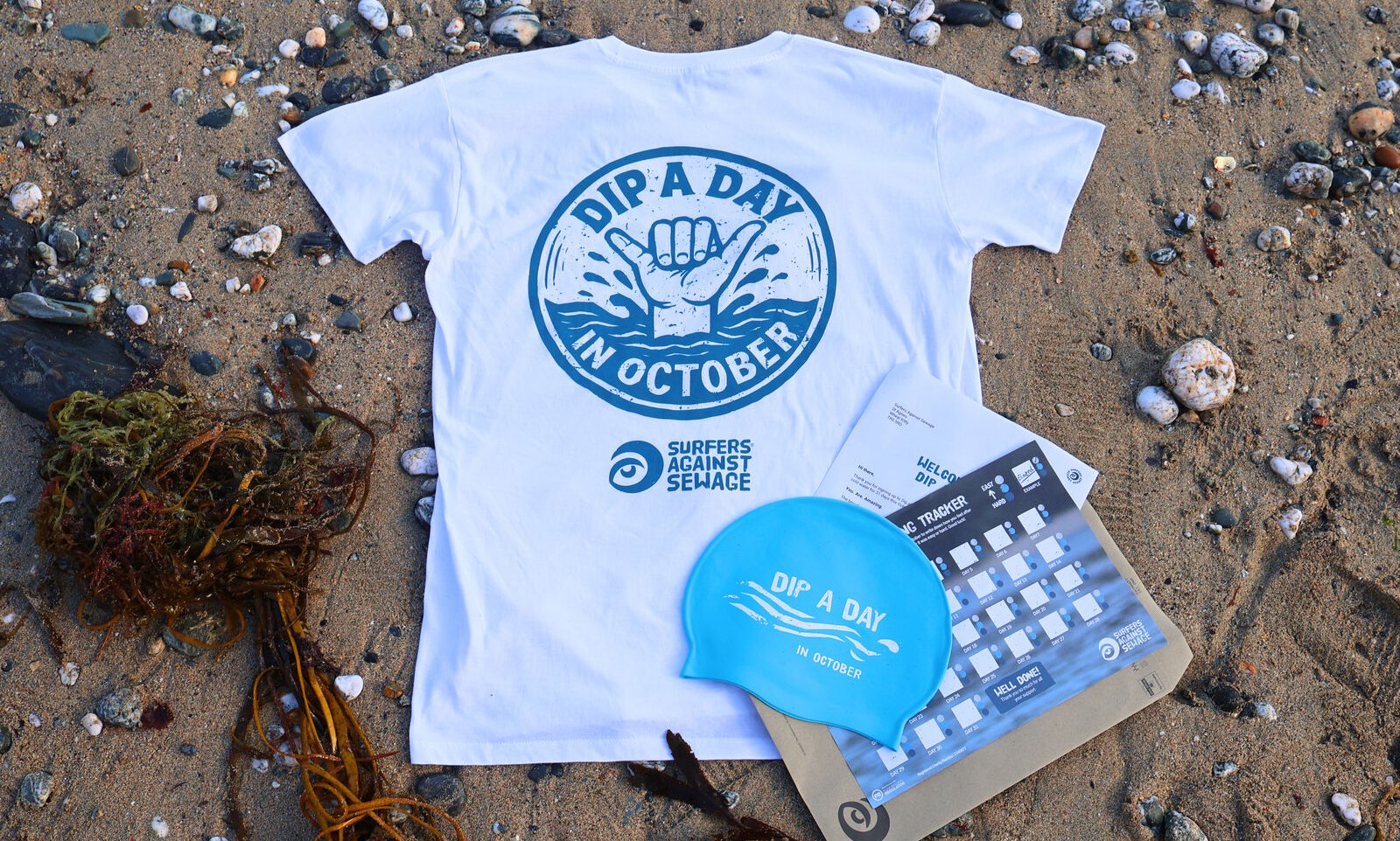 Dip a Day free T shirt, swim hat and pack