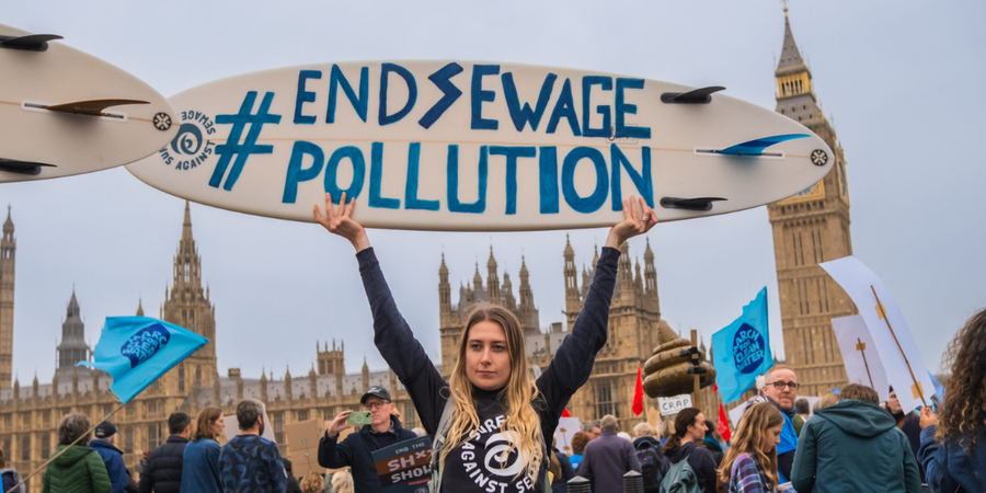 Activist holding surfboard placard