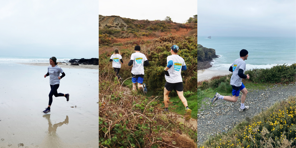 Collage of people running by the coast