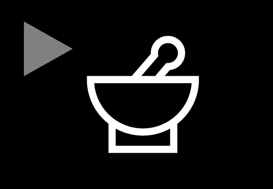 A white line drawing of a bowl with a pestle inside it. A grey play button shows on a black background.