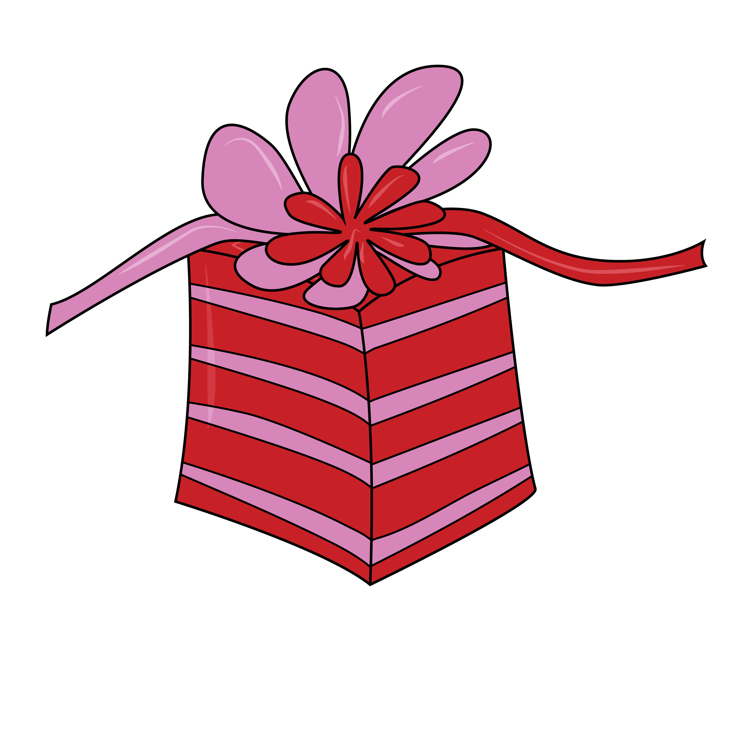 A red and pink striped present with a boy on top.