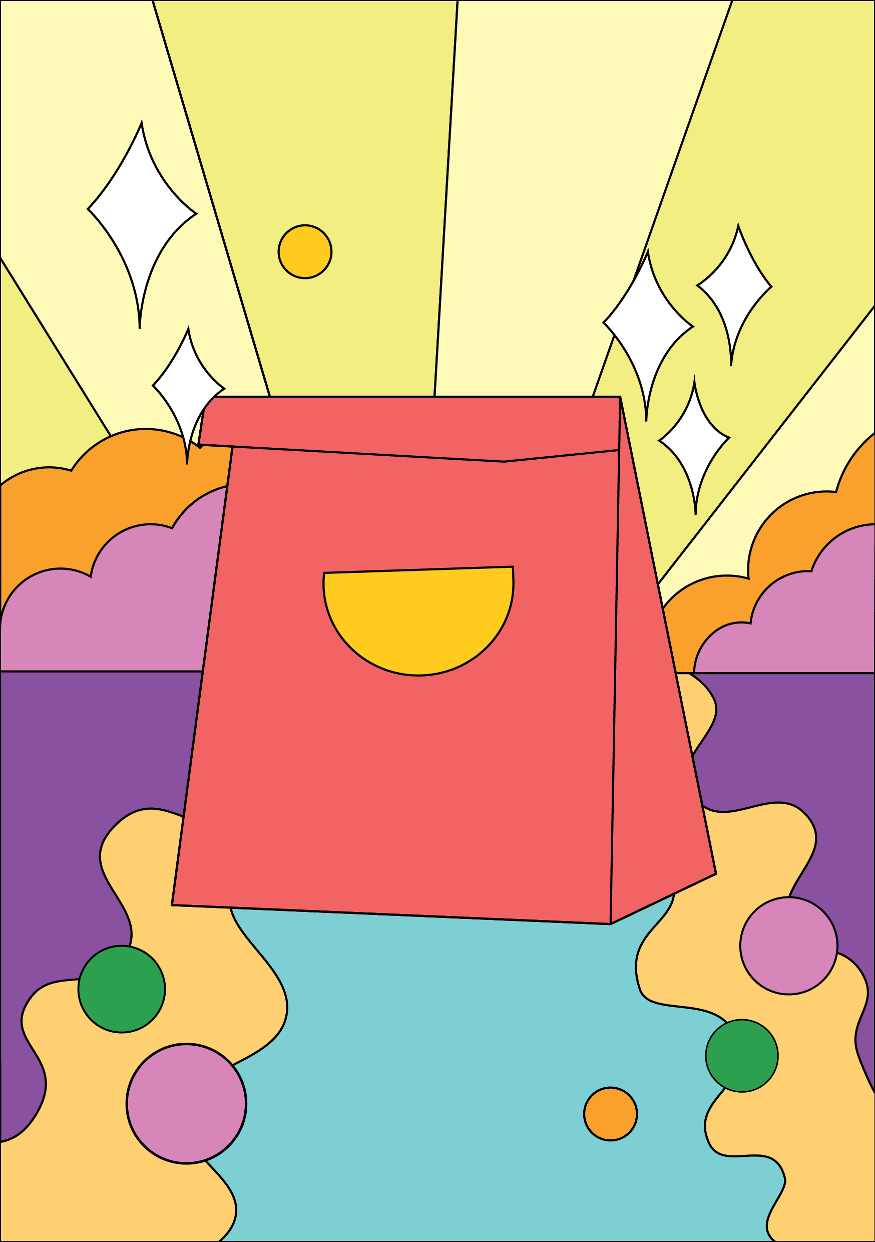 A vivid illustration of a food bag sat on a colourful background.