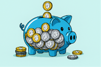 Illustration of a blue piggy bank filled with gold and silver coins