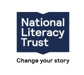 Logo of National Literacy Trust featuring white text on a dark blue square background. Below the logo, the tagline "Change your story" appears in black font on a white background.