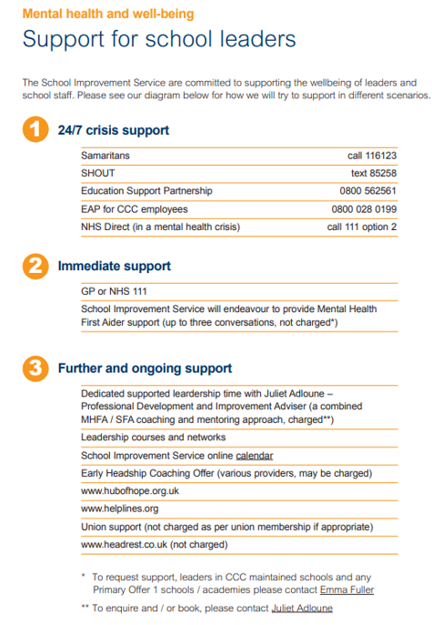 support for school leaders page extract from primary offer booklet