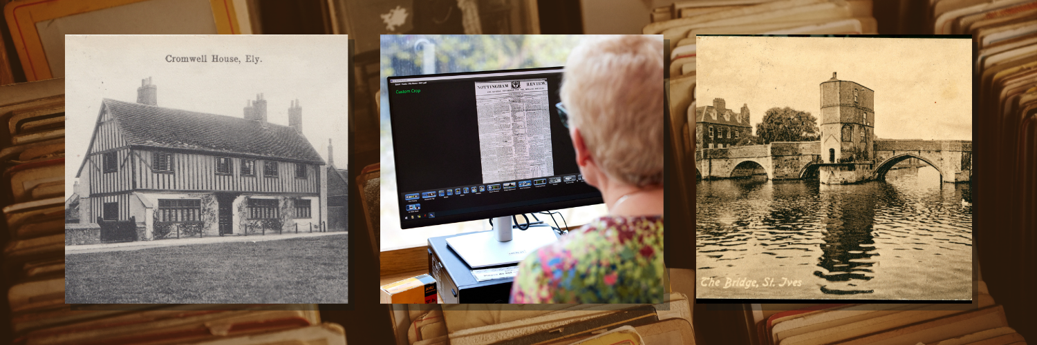 Images show various photos of old Cambridgeshire buildings from the library archives, and an image of a woman using a library Microfiche machine to look at old newspapers.