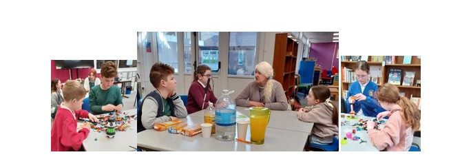 Image left 2 young boys working together with Lego, Centre image communication support worker working with children at table image right 2 young girls working at table with Lego