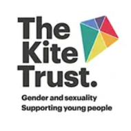 Logo graphic for Kite Trust, an organization supporting young people around gender and sexuality. Bold black text appears beside a multi-coloured kite symbol, with tagline “Gender and sexuality supporting young people.”
