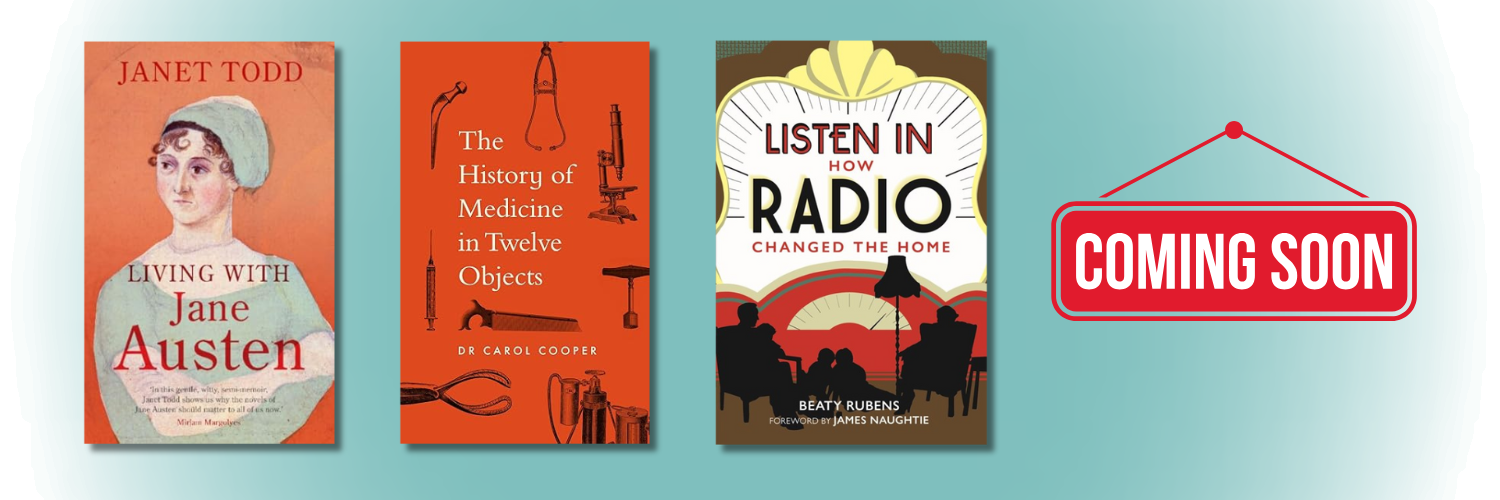Image of the three books mentioned beside a Coming Soon sign