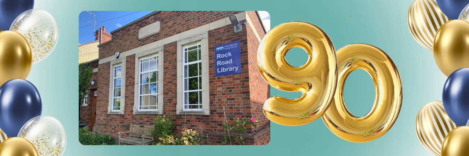 Image shows a picture of Rock Road library alongside graphics of balloons and the number '90' spelt in gold balloons.