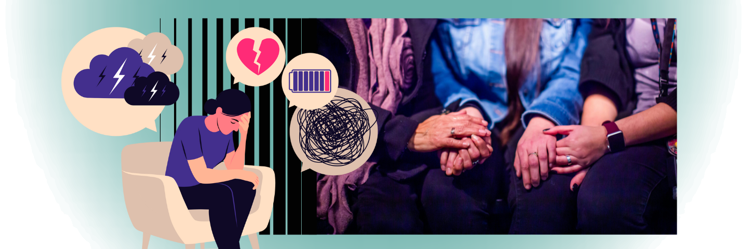 Image of a lady sat on a chair surrounded by negative thought bubbles, next to a picture of three different pairs of hands holding onto each other for comfort.