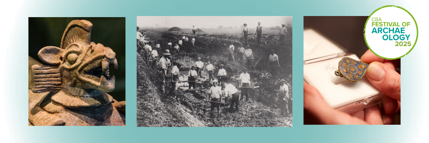 Images of historical artefacts, a black and white image of a group of men digging, and a logo for the festival.