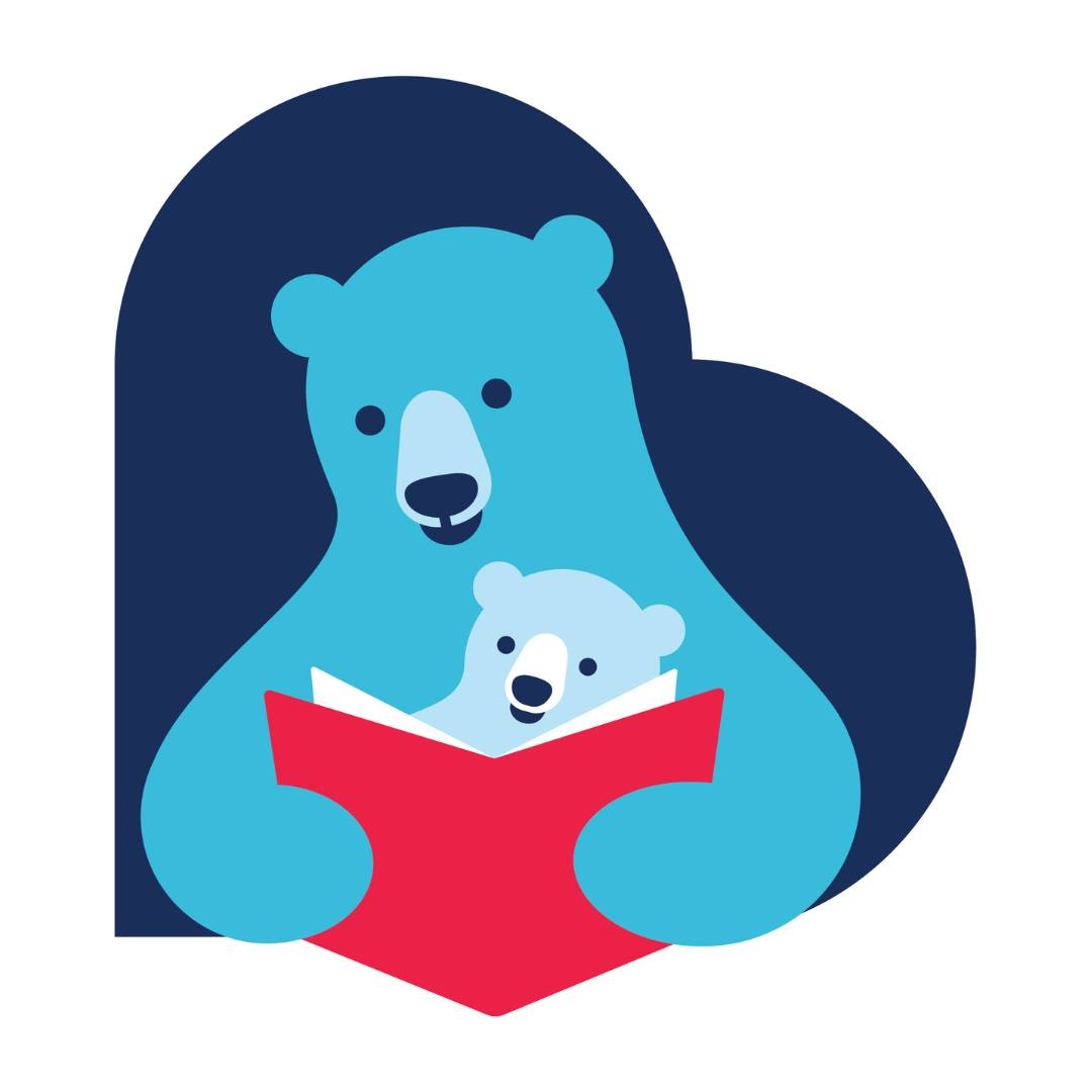 Illustration of two blue bears reading a red book together