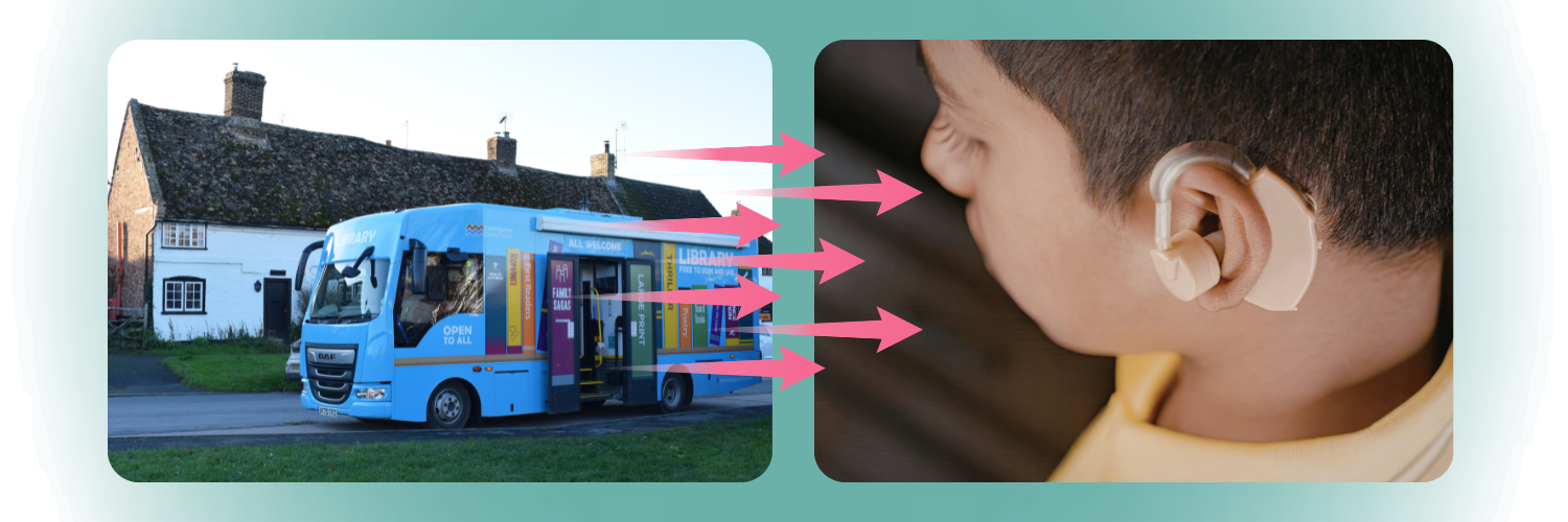 Shows two images, one of our mobile library, and the other of a child's ear with a hearing aid.