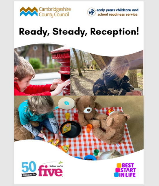 Photograph collage promoting early years childcare and school readiness by Cambridgeshire County Council, featuring children engaged in outdoor and indoor play activities. Includes logos for "50 Things to Do Before You're Five" and "Best Start in Life"
