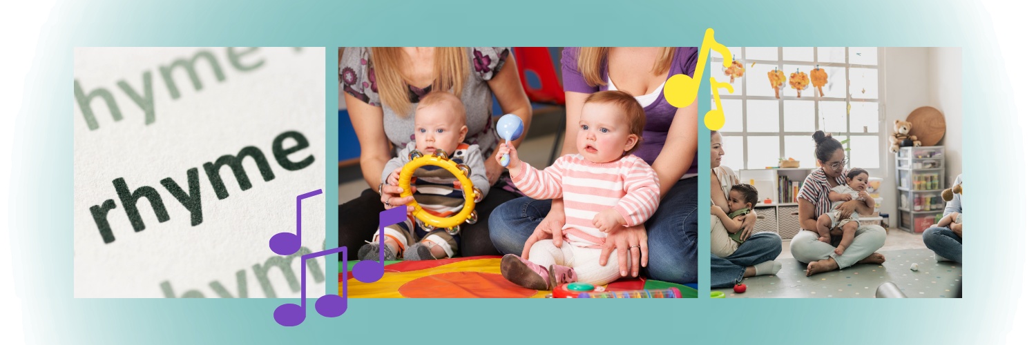Images show babies attending a rhymetime session with their parents, waving rattles