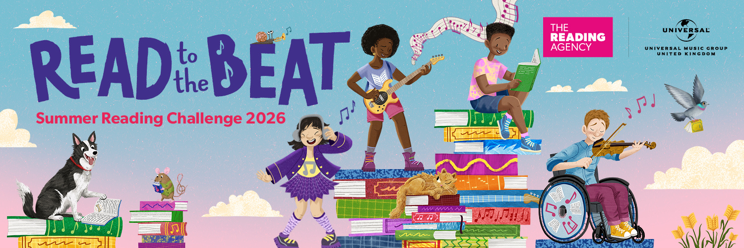 Images reads 'Read to the Beat, Summer Reading Challenge 2026' next to a bunch of young characters playing different instruments to make music together.