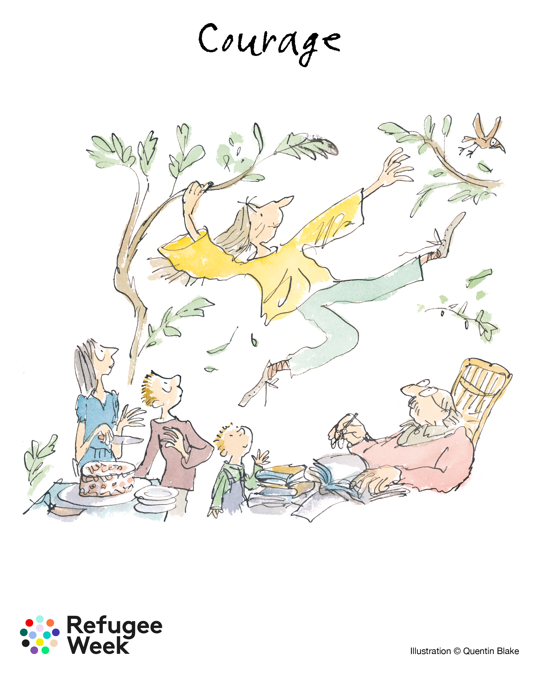 Illustration depicting a person courageously reaching for a bird on a tree branch while balancing precariously, with a group of people watching below.