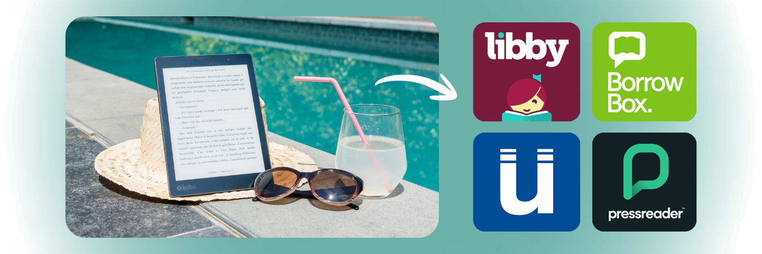 Image shows a table displaying an e-book beside a pool, propped up by a sun hat beside a cold drink and some sunglasses. Followed by the logos of all 4 apps listed below.