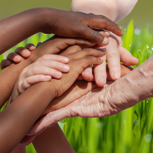 Photograph shows hands of people across different ages and skin tones layered together outdoors against blurred green grass. Composition conveys unity, community, intergenerational connection, and mutual support.
