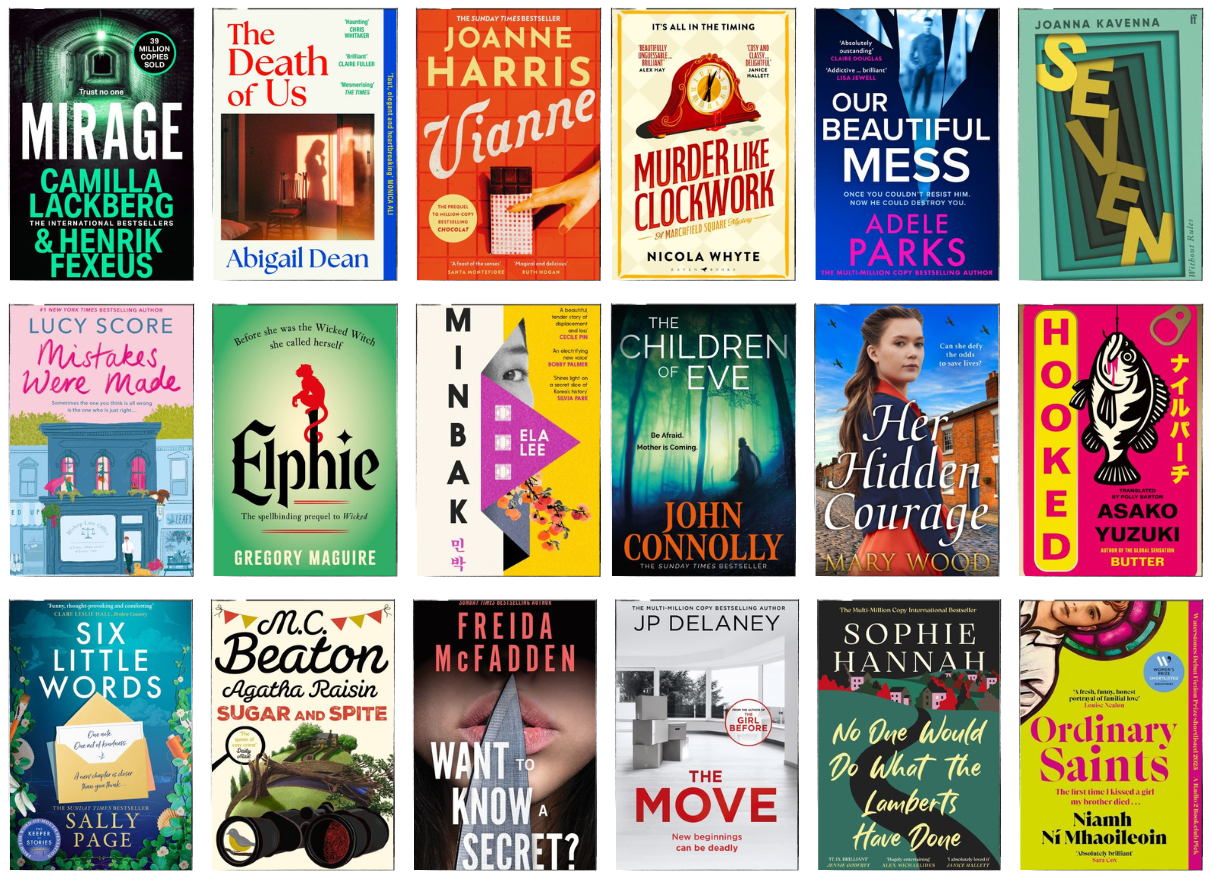 Image shows the covers of the eighteen titles listed below