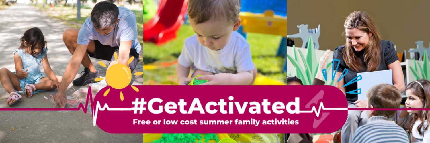 Picture shows three images, one of a dad and daughter drawing with chalk on a pathway, the second of a toddler playing with playdough, and the third of a lady leading a story-time session with a group of children. Picture reads 'Get Activated - Free or low cost summer family activities'