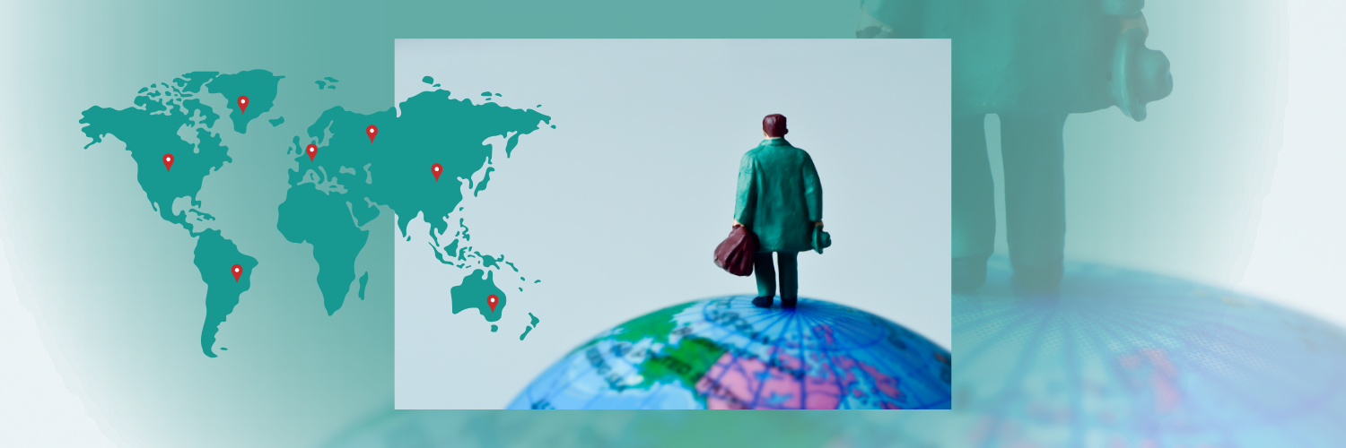 Image of a man made out of clay holding a suitcase, standing on top of a globe, with a map of the world beside him covered in red location pins.