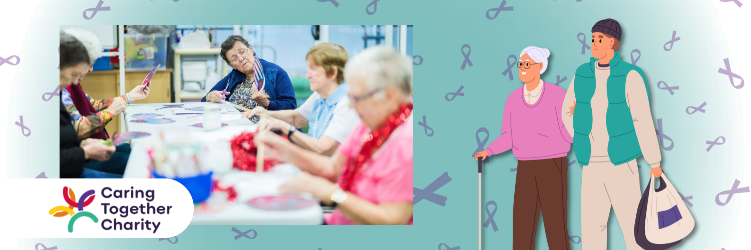Image of a dementia group, the caring together logo, an image of a young man helping an older lady to walk with purple ribbons scattered in the background.