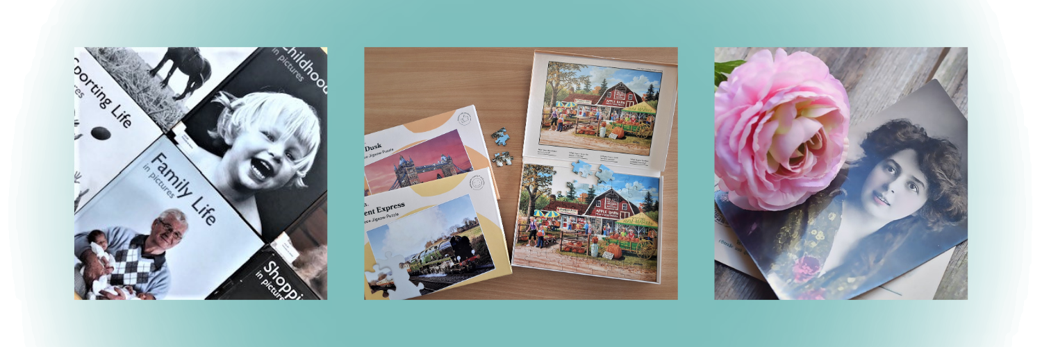 Images of Dementia friendly puzzles, books and old black and white photos