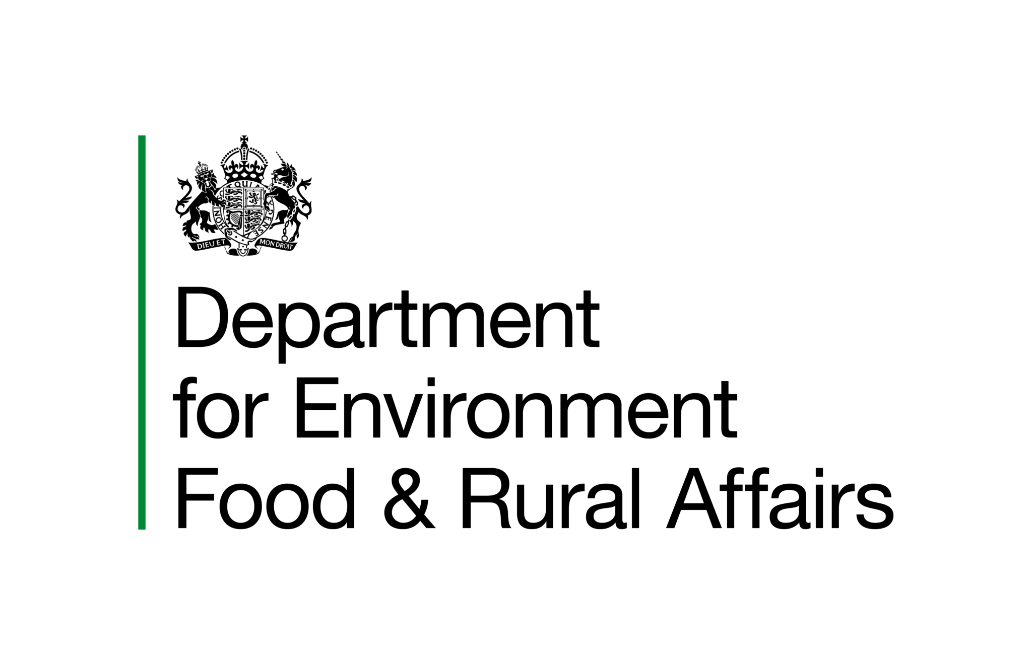 Graphic logo identifies United Kingdom Department for Environment, Food & Rural Affairs (DEFRA). Black departmental text and royal crest sit beside a vertical green line.