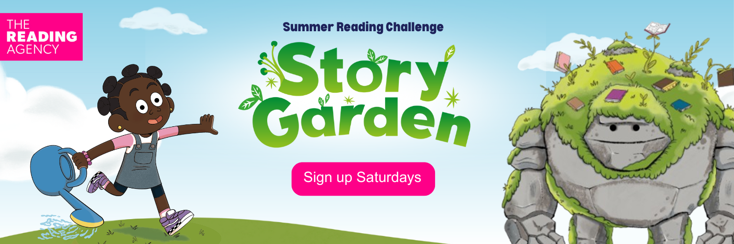 Story Garden logo with a young girl and stone golem characters.