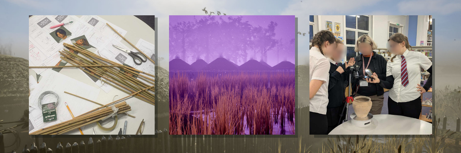 Shows three images, one of the digital reconstruction of the settlement with a purple sky, one of the Cromwell students taking a photo of a clay pot, and the last of various crafting supplies on a table.