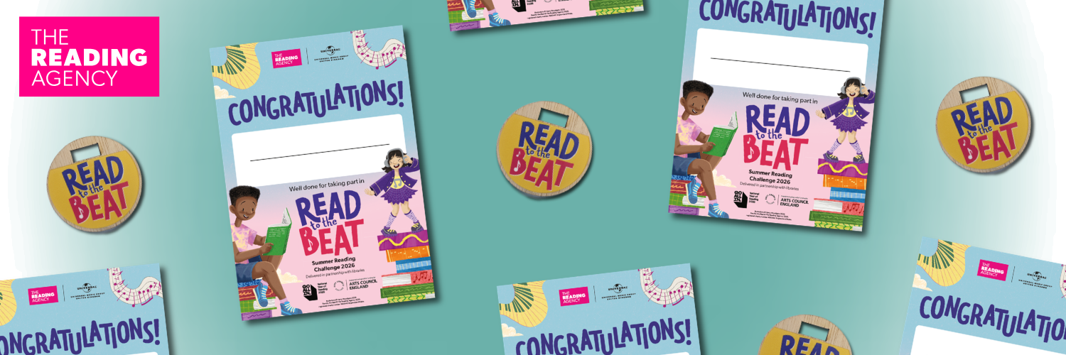 Image shows scattered certificates and medals along with the Reading Agency logo