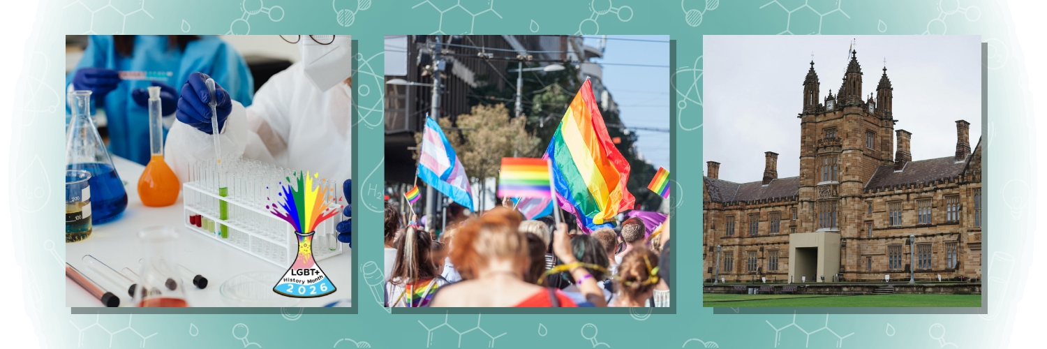 Three images show a university, a science lab and a pride parade.