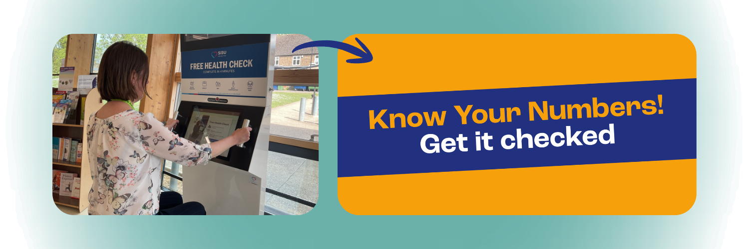 Images shows a women using a Health Kiosk machine next to wording that reads 'Know Your Numbers! Get it checked'