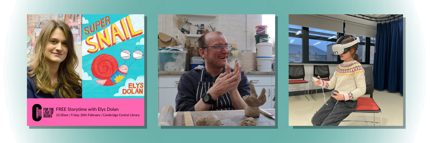 Three images, one of the author and her book, one of a man laughing while sat molding clay and the last is of a young girl in a VR headset.