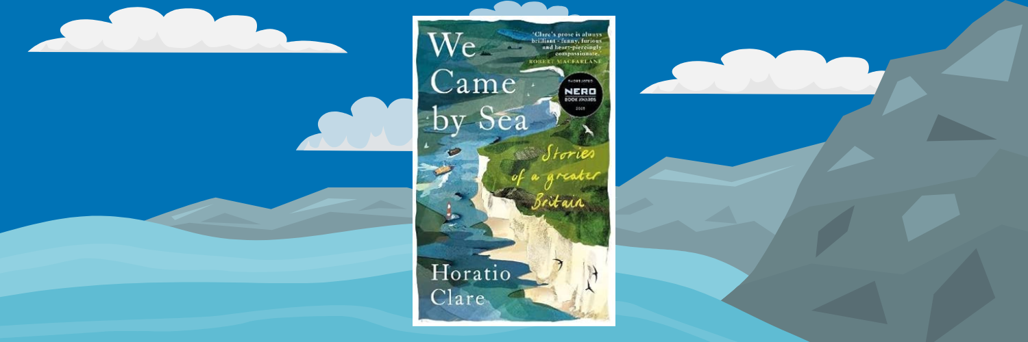 Image shows a cartoon view of cliffs and the ocean with an image of the cover of the book.