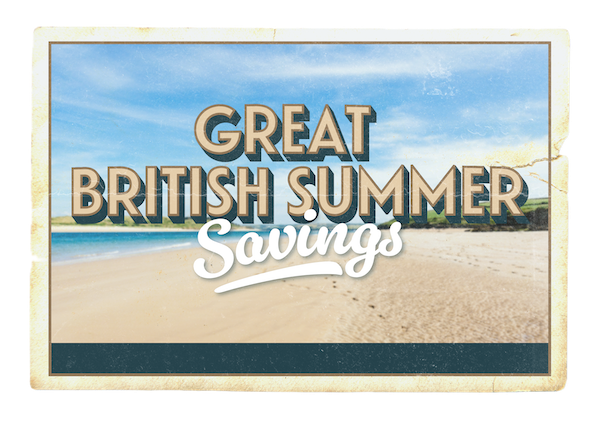 Photograph of a sandy beach with clear blue sky and ocean in the background, overlaid with bold text reading "Great British Summer Savings." The design features vintage-style typography with a beige and white colour scheme, suggesting a promotional or advertising theme for summer discounts or deals.