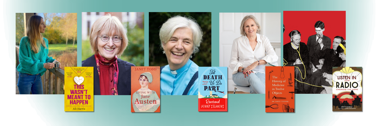 Five images of authors and their book covers