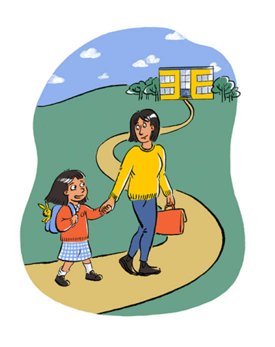 A illustration showing an adult and child walking along a winding path toward a yellow school building. Green hills, trees, blue sky, clouds, backpacks, and school supplies establish a cheerful back-to-school setting.