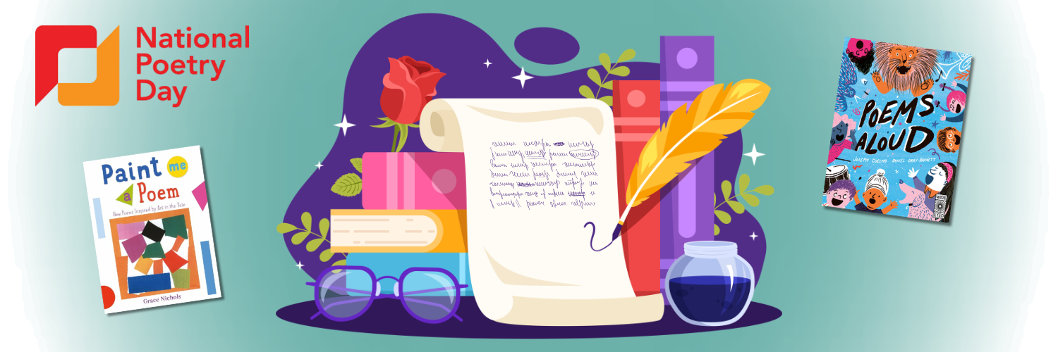 Image shows a magical quill writing on a piece of parchment in purple ink, next to the 'National Poetry Day' logo in red and yellow and two covers of poetry books that are available in Cambridgeshire Libraries.
