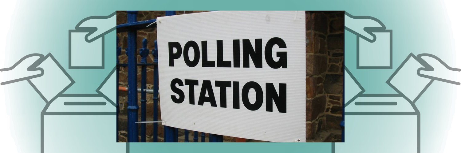 Image shows a sign that reads 'Polling Station' next to cartoon hands places blank pieces of paper into voting boxes.