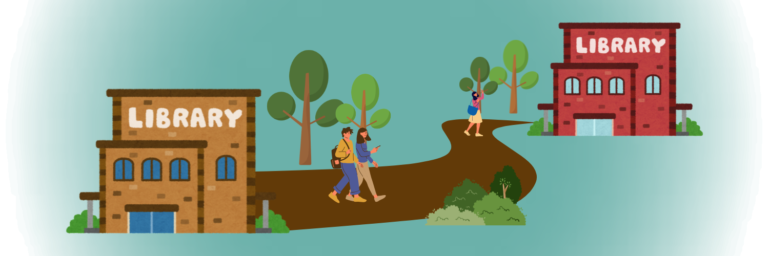 Image shows a cartoon graphic of people walking along a dirt path surrounded by trees from one library building to another.