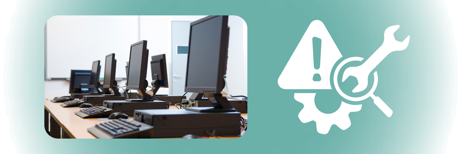 Image shows a row of computers next to a warning symbol and a wrench