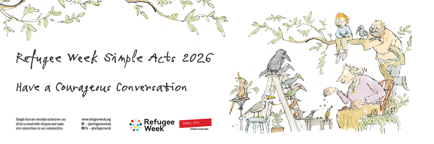 Image shows an illustration from Quentin Blake of a child, an older woman and a few birds sat in a tree talking to each other next to the words 'Have a courageous Conversation'