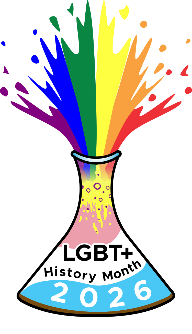Illustration of a laboratory flask with colourful paint splashes in rainbow colours emerging from the top, symbolising creativity and diversity. Text inside flask reads "LGBT+ History Month 2026," highlighting celebration and awareness of LGBT+ history.