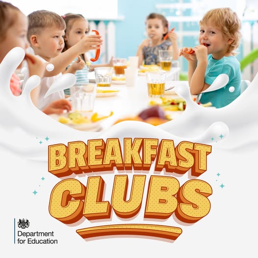 Photograph showing young children sitting around a table enjoying breakfast together, with glasses of juice and plates of food visible. Text overlay reads "Breakfast Clubs"