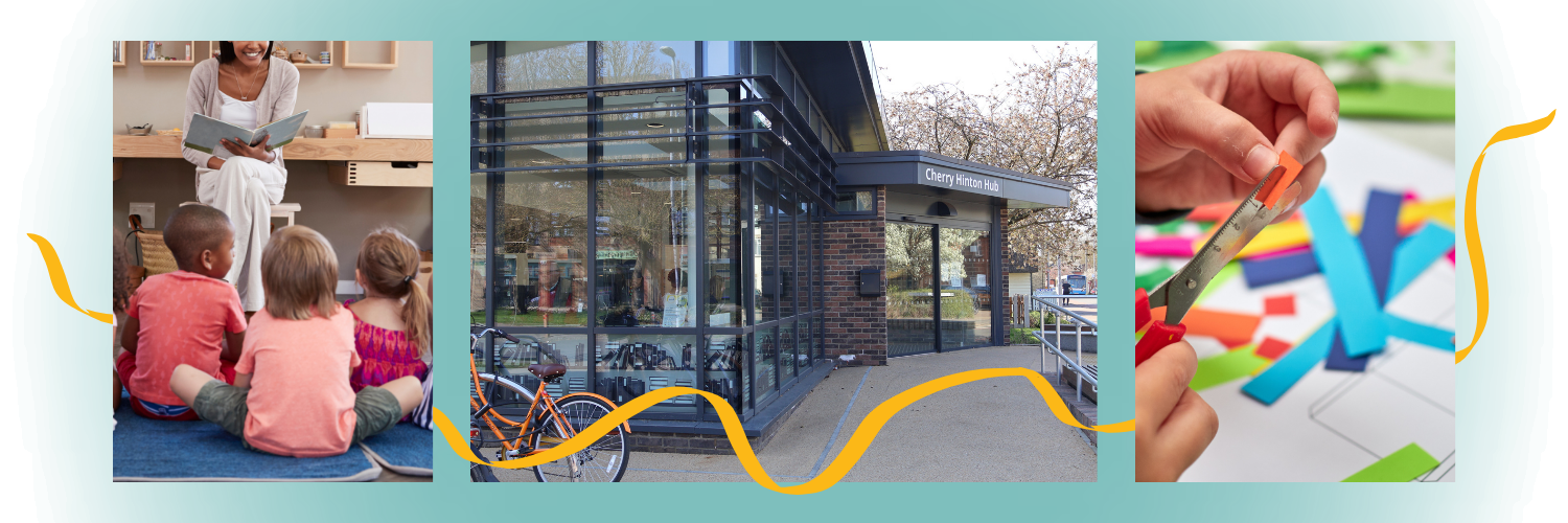 An image of Cherry Hinton Library, hands making a craft and a woman reading to a group of children.