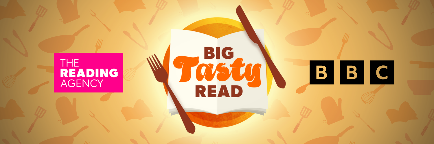 Big Tasty Read logo, BBC logo and Reading Agency logo surrounded by cooking utensils