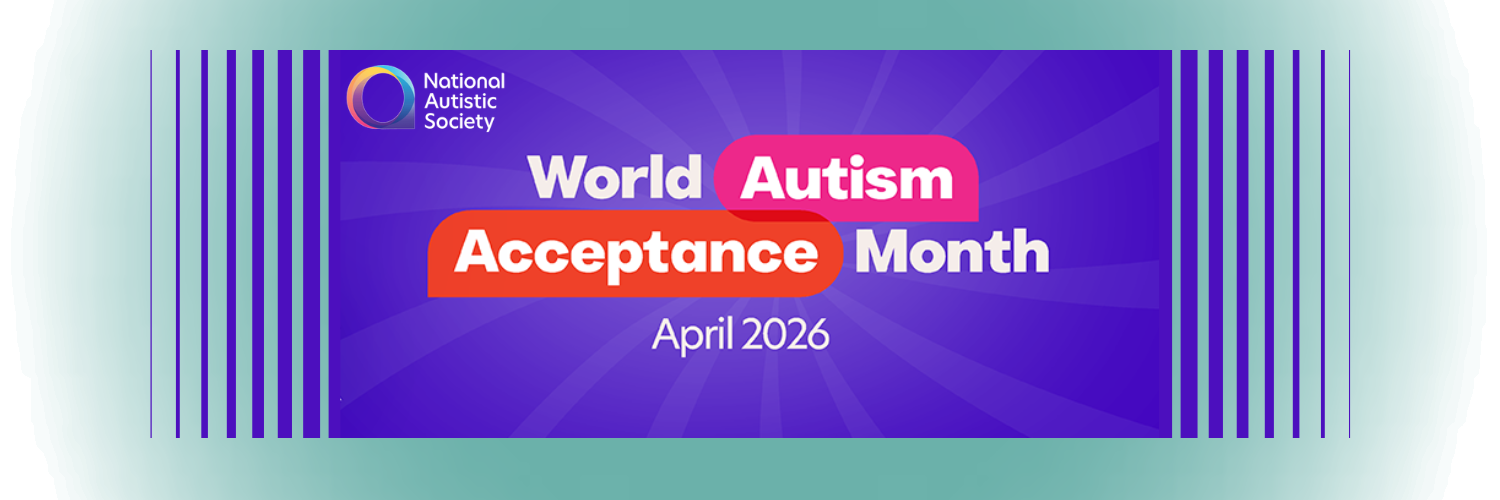 Image shows the National Autism Society logo along with the words 'World Autism Acceptnce Month, April 2026' on a purple backgrounad